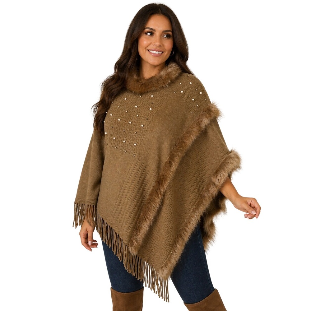 *NWT* Northern Angel Plus Poncho Womens 0X/1X Brown Faux Fur Pearl Fringe Cape